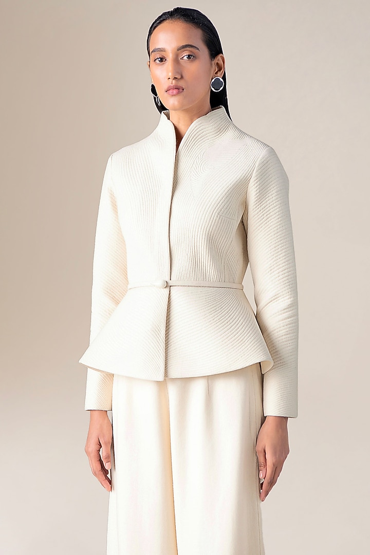 Ivory Wool Peplum Jacket With Belt by AMPM at Pernia's Pop Up Shop