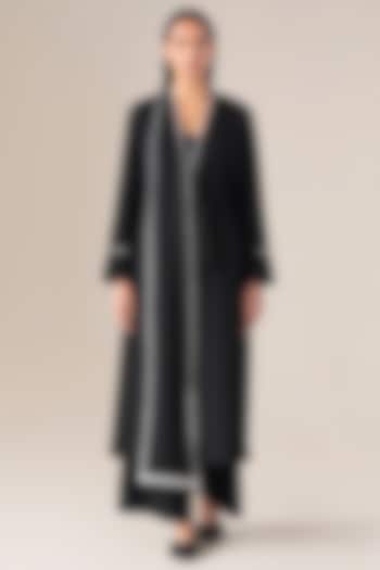 Black Wool Long Jacket With Belt by AMPM at Pernia's Pop Up Shop
