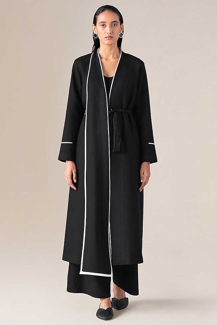 Black Wool Long Jacket With Belt by AMPM at Pernia's Pop Up Shop