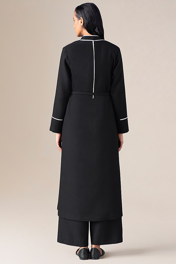 Black Wool Long Jacket With Belt by AMPM at Pernia's Pop Up Shop