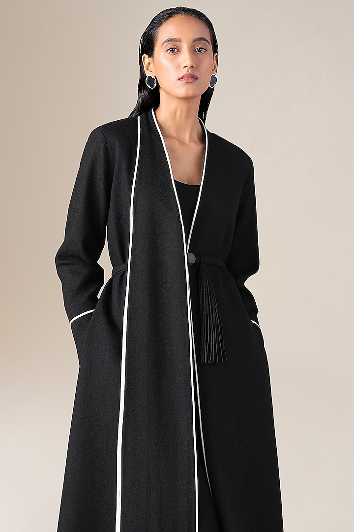 Black Wool Long Jacket With Belt by AMPM at Pernia's Pop Up Shop
