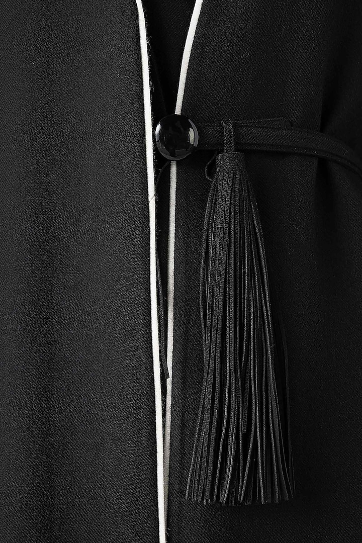 Black Wool Long Jacket With Belt by AMPM at Pernia's Pop Up Shop