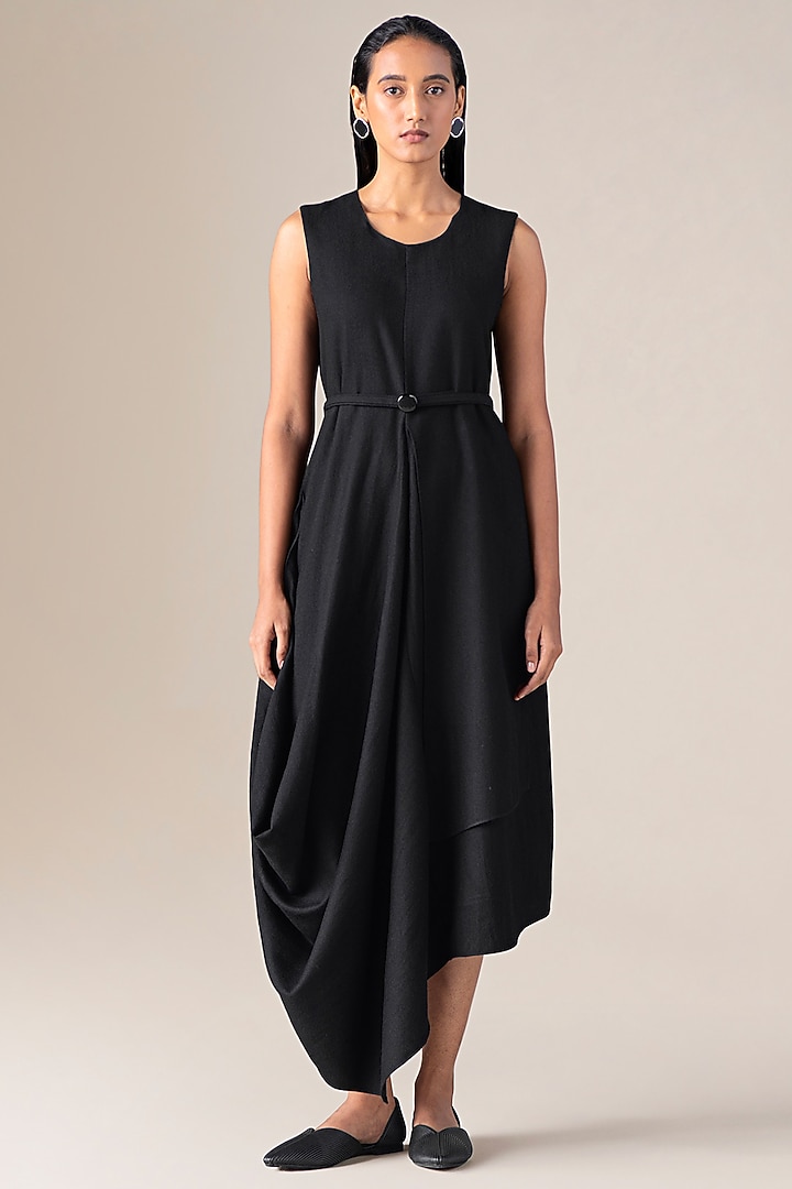 Black Wool Midi Vacation Dress With Belt by AMPM at Pernia's Pop Up Shop