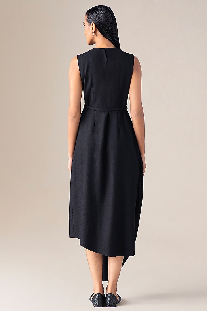 Black Wool Midi Vacation Dress With Belt by AMPM at Pernia's Pop Up Shop