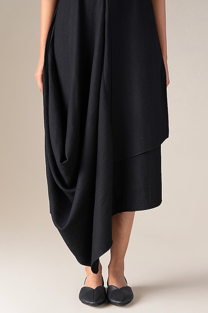 Black Wool Midi Vacation Dress With Belt by AMPM at Pernia's Pop Up Shop