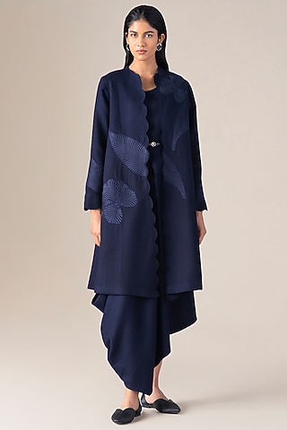 Navy Blue Wool Scalloped Jacket by AMPM