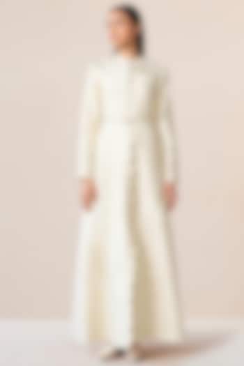 Navy Blue Wool Scalloped Abaya Jacket With Belt by AMPM at Pernia's Pop Up Shop