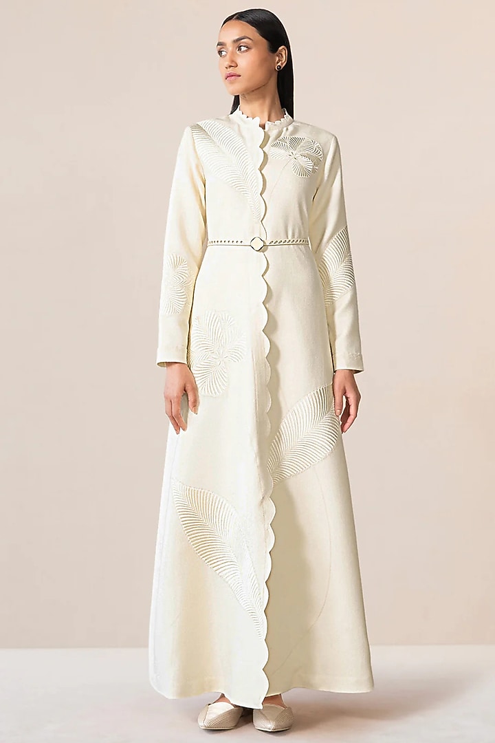 Navy Blue Wool Scalloped Abaya Jacket With Belt by AMPM at Pernia's Pop Up Shop