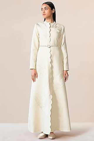 Navy Blue Wool Scalloped Abaya Jacket With Belt by AMPM