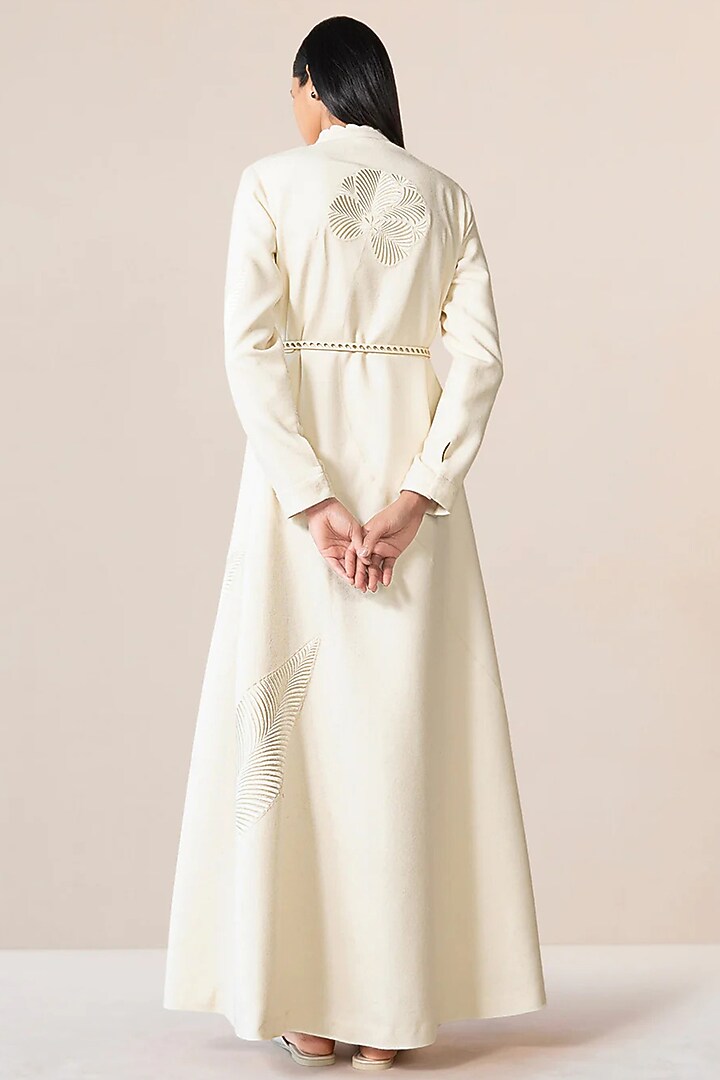 Navy Blue Wool Scalloped Abaya Jacket With Belt by AMPM at Pernia's Pop Up Shop