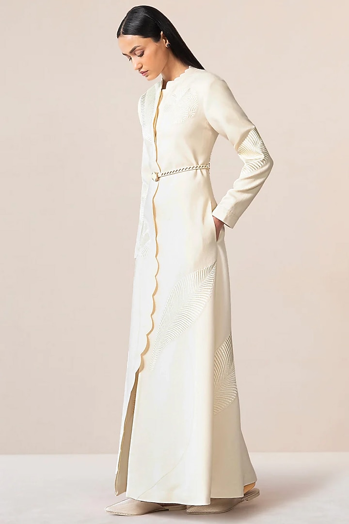 Navy Blue Wool Scalloped Abaya Jacket With Belt by AMPM at Pernia's Pop Up Shop