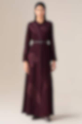 Burgundy Wool Scalloped Abaya Jacket Set by AMPM at Pernia's Pop Up Shop