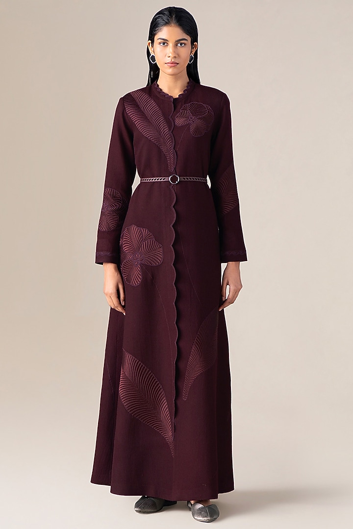 Burgundy Wool Scalloped Abaya Jacket Set by AMPM at Pernia's Pop Up Shop