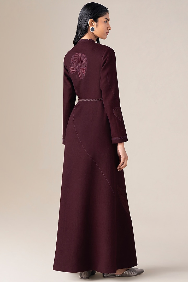 Burgundy Wool Scalloped Abaya Jacket Set by AMPM at Pernia's Pop Up Shop
