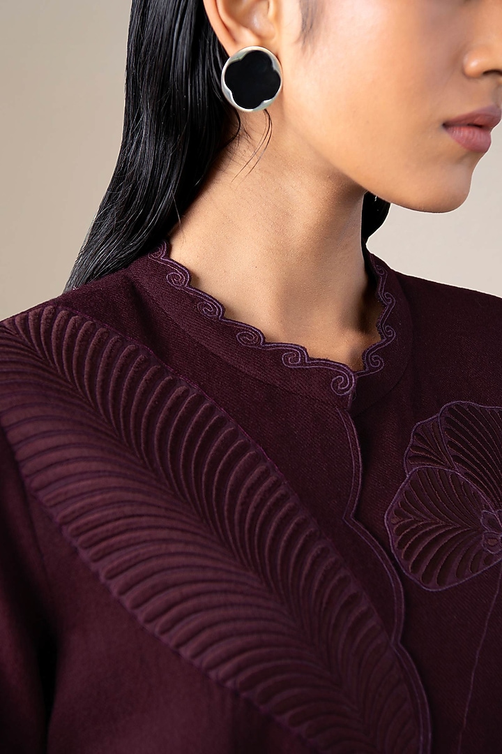 Burgundy Wool Scalloped Abaya Jacket Set by AMPM at Pernia's Pop Up Shop