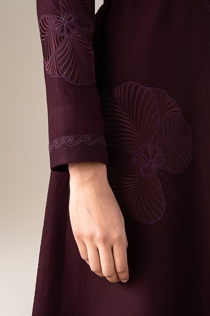 Burgundy Wool Scalloped Abaya Jacket Set by AMPM at Pernia's Pop Up Shop