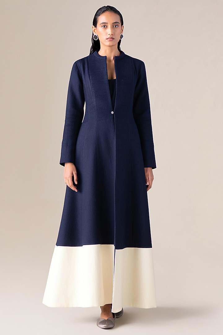 Navy Blue Wool Jacket Set by AMPM at Pernia's Pop Up Shop