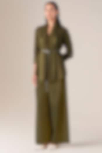 Olive Green Wool Resham Embroidered Cape Set by AMPM at Pernia's Pop Up Shop