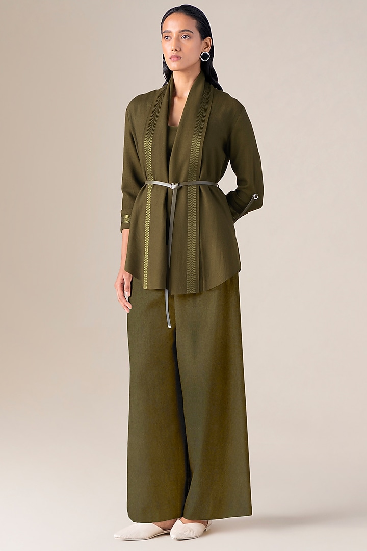 Olive Green Wool Resham Embroidered Cape Set by AMPM at Pernia's Pop Up Shop