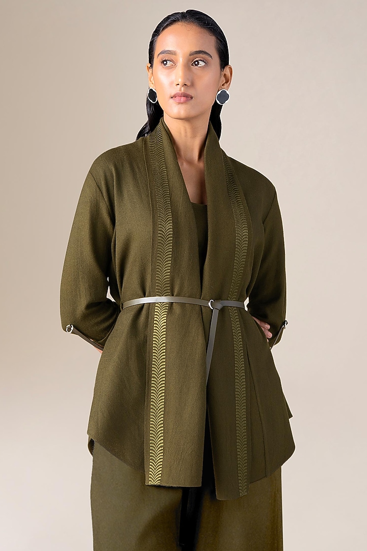 Olive Green Wool Resham Embroidered Cape Set by AMPM at Pernia's Pop Up Shop