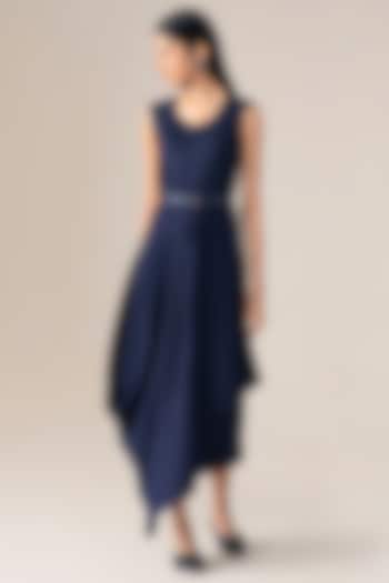 Navy Blue Wool Asymmetrical Draped Vacation Dress With Belt by AMPM at Pernia's Pop Up Shop
