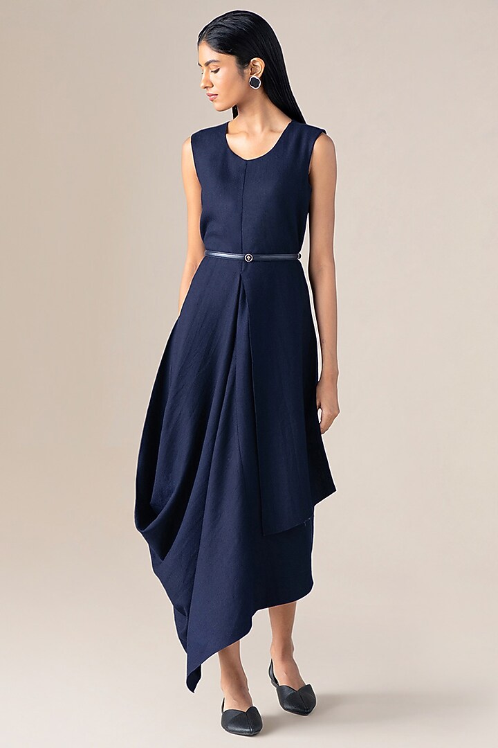 Navy Blue Wool Asymmetrical Draped Vacation Dress With Belt by AMPM at Pernia's Pop Up Shop