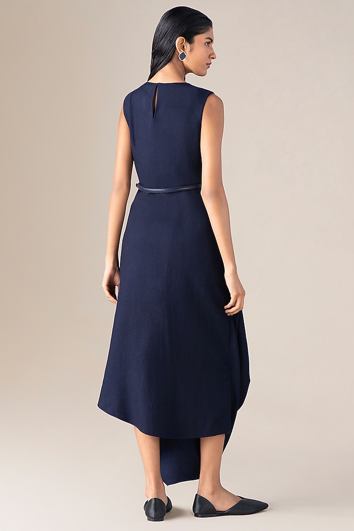 Navy Blue Wool Asymmetrical Draped Vacation Dress With Belt by AMPM at Pernia's Pop Up Shop