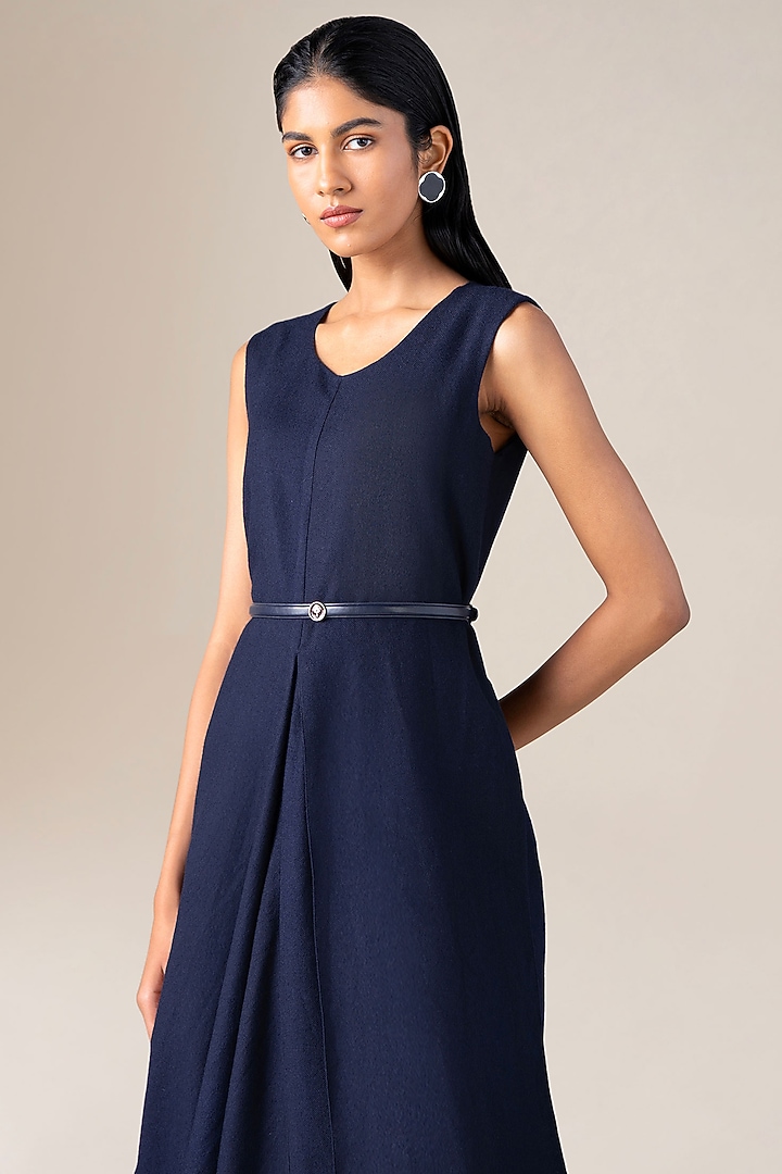 Navy Blue Wool Asymmetrical Draped Vacation Dress With Belt by AMPM at Pernia's Pop Up Shop