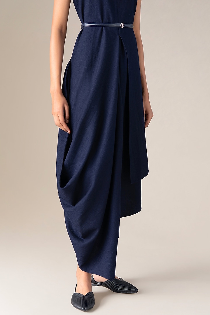 Navy Blue Wool Asymmetrical Draped Vacation Dress With Belt by AMPM at Pernia's Pop Up Shop