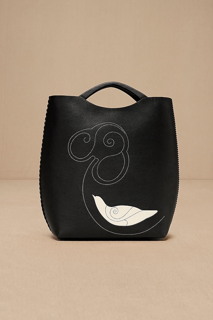 Black Faux Leather Curved Tote Bag by AMPM Accessories at Pernia's Pop Up Shop