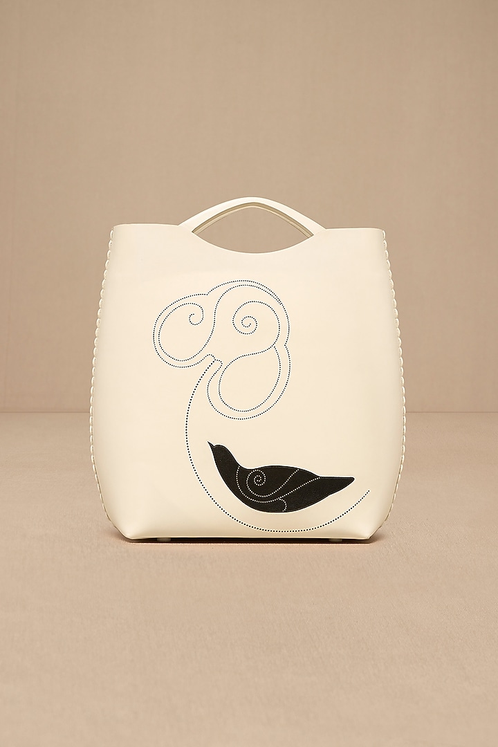Ivory Faux Leather Curved Tote Bag by AMPM Accessories at Pernia's Pop Up Shop