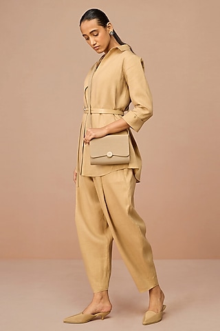 Beige Faux Leather Sling Bag by AMPM Accessories