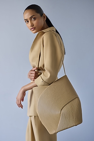 Beige Faux Leather Handbag by AMPM Accessories