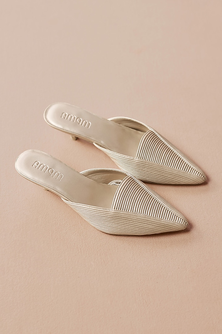 Metallic Pearl WHite Faux Leather Cord Embroidered Heels by AMPM Accessories at Pernia's Pop Up Shop