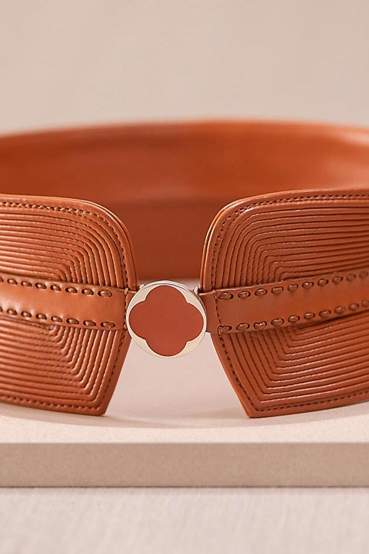 Tan Embroidered Corset Belt by AMPM Accessories at Pernia's Pop Up Shop