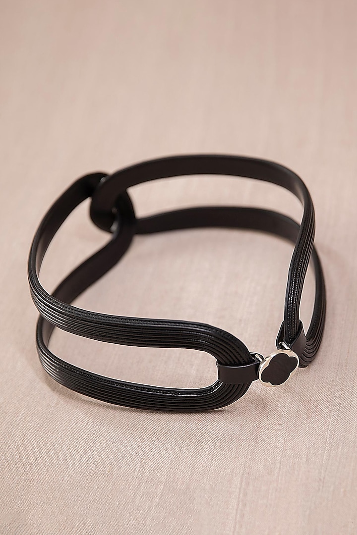 Black Faux Leather Hollow Corset Belt by AMPM Accessories