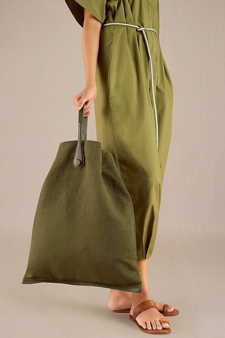 Olive Linen & Leather Beach Bag by AMPM Accessories at Pernia's Pop Up Shop