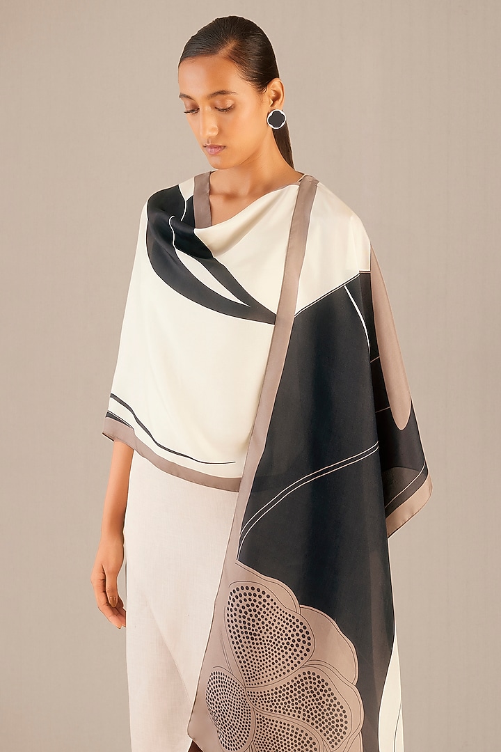 Beige & Nude Silk Printed Scarf by AMPM Accessories at Pernia's Pop Up Shop