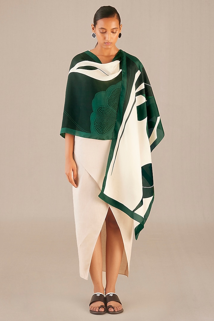 Pine Green Silk Printed Scarf by AMPM Accessories