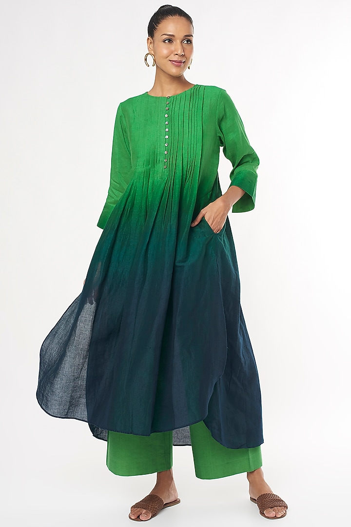 Green & Blue Handwoven Cotton Kurta by Amrich at Pernia's Pop Up Shop