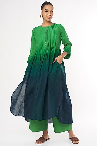 Green & Blue Handwoven Cotton Kurta by Amrich