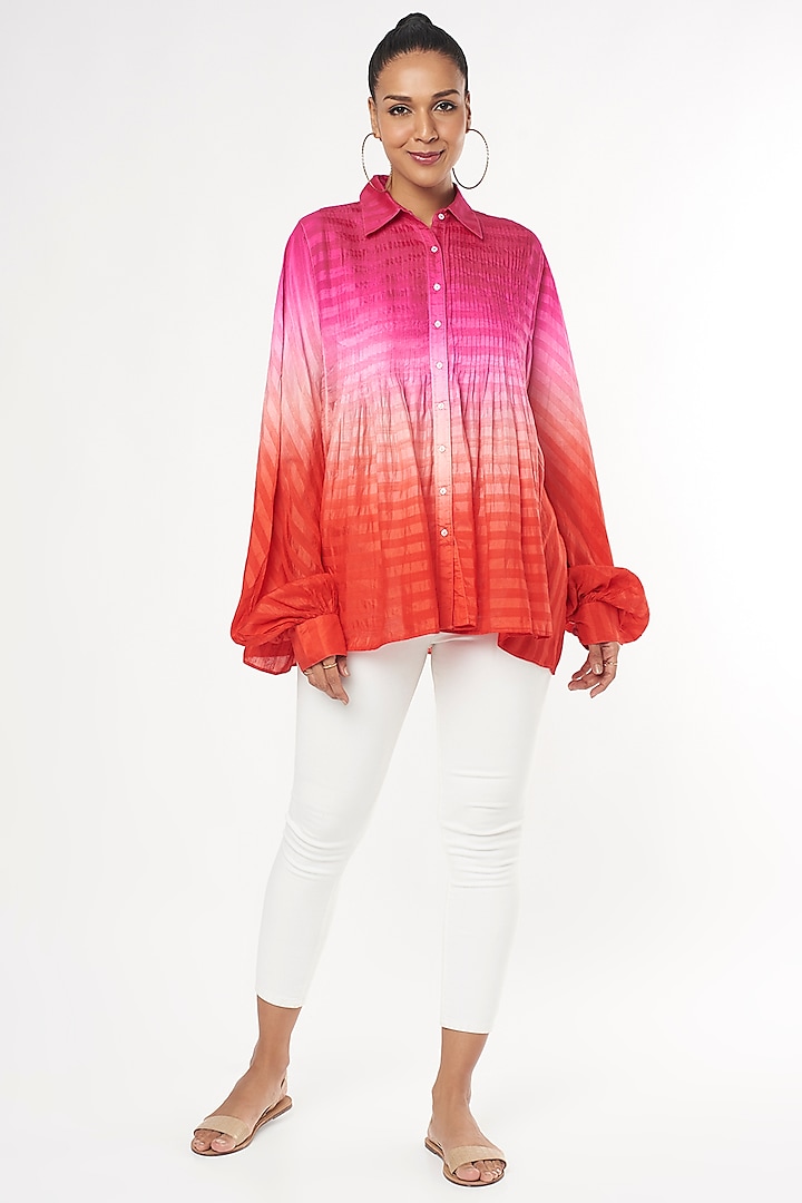 Pink & Red Handwoven Silk Shirt by Amrich