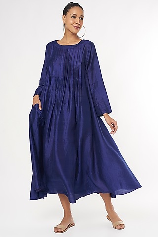 Navy Blue Handwoven Silk Dress by Amrich