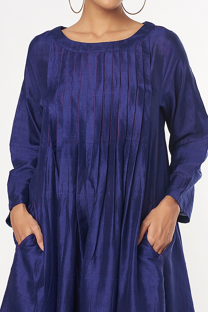 Navy Blue Handwoven Silk Vacation Dress by Amrich at Pernia's Pop Up Shop