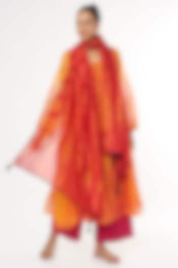 Red & Orange Embroidered Dupatta by Amrich