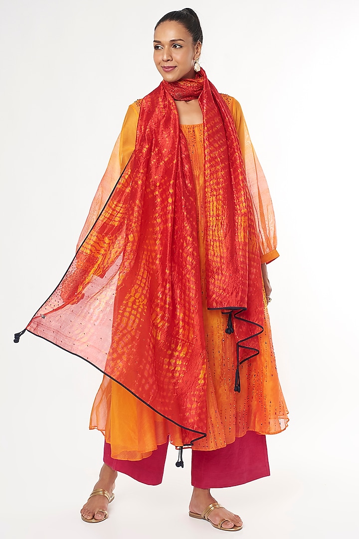 Red & Orange Embroidered Dupatta by Amrich