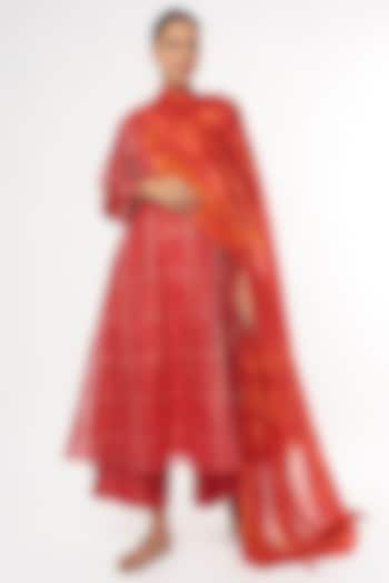 Red & Gold Handwoven Silk Kurta Set by Amrich