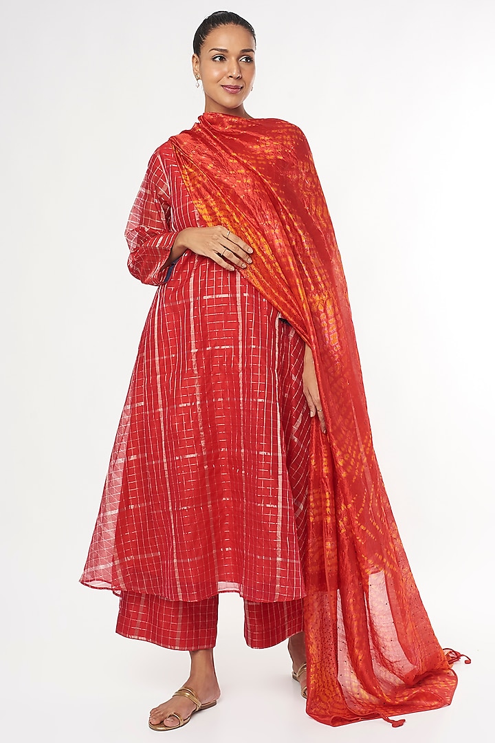 Red & Gold Handwoven Silk Kurta Set by Amrich at Pernia's Pop Up Shop