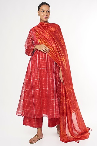 Red & Gold Handwoven Silk Kurta Set by Amrich