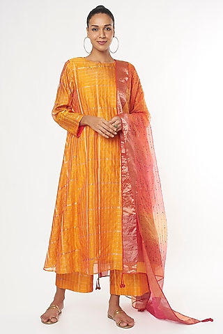 Yellow & Gold Handwoven Cotton Kurta Set by Amrich